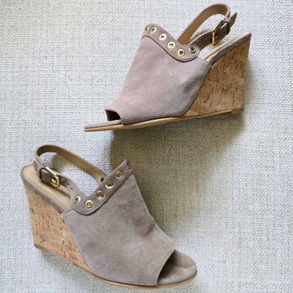 STUART WEITZMAN Suede Cork Wedges Slingbacks Grommet Lasercut Sandals 8.5 - Picture 3 of 8